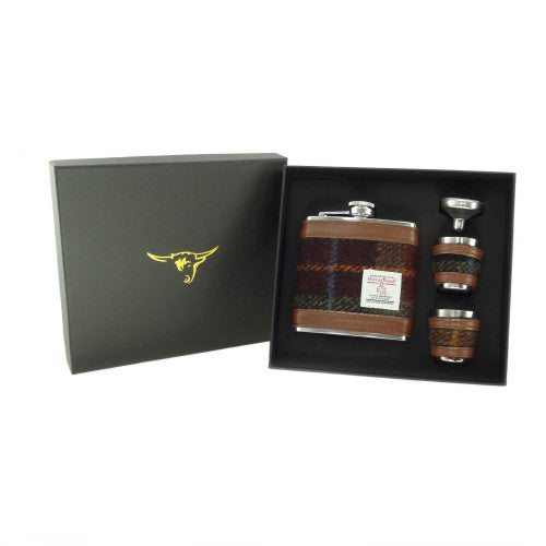 Harris Tweed Hip Flask Gift Set in Box - Rust Tartan